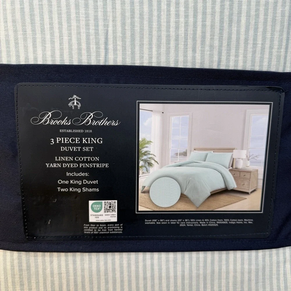 Brooks Brothers Duvet Set KING Linen Cotton Yarn Dyed Pinstripe Blue Green White